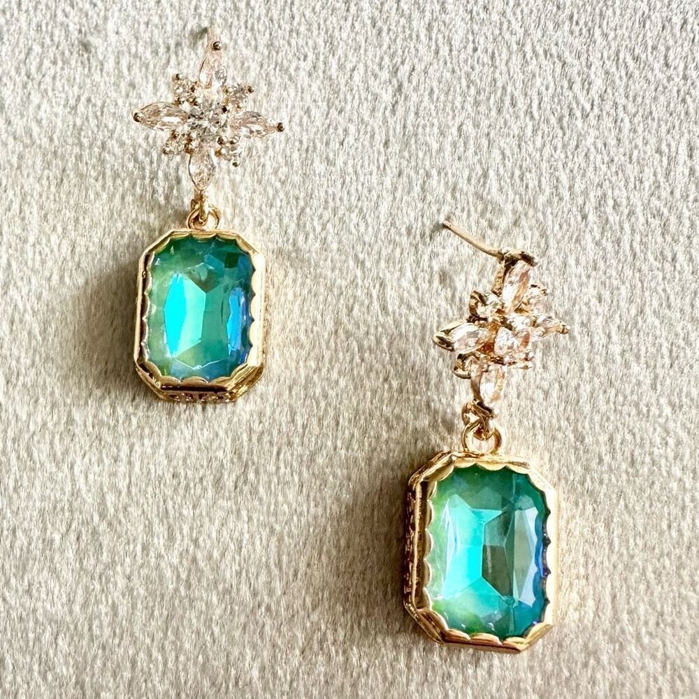 Blue And Green Iridescent Cubic Zirconia Starburst Stud Earrings